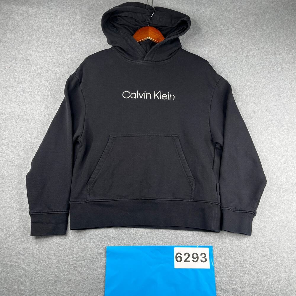 Calvin Klein Hoodie Sweatshirt Crop Black Embroidered Logo Womens Small Pocket
